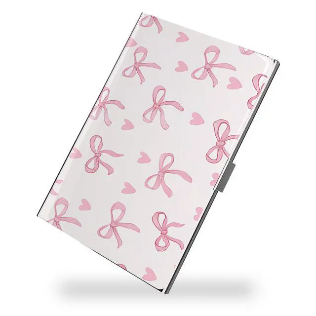 Main image of Business Card Metal Slim Organizer, Professional Stainless Steel Square Pocket Wallet for Office Workers, Compact and Portable for Pockets (Pink Bow)
