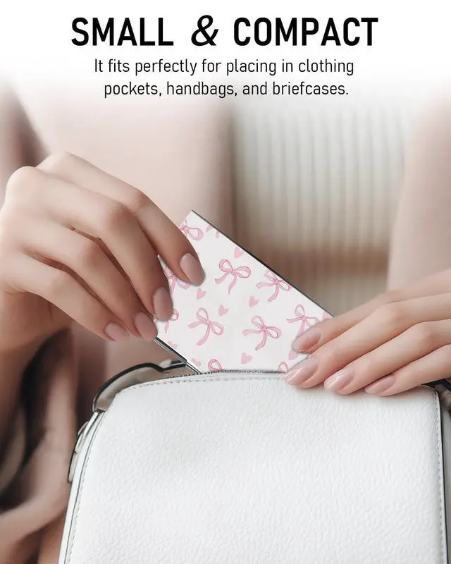 Alt view image 4 of 6 - Business Card Metal Slim Organizer, Professional Stainless Steel Square Pocket Wallet for Office Workers, Compact and Portable for Pockets (Pink Bow)