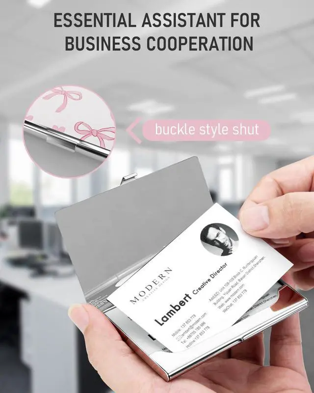 Alt view image 5 of 6 - Business Card Metal Slim Organizer, Professional Stainless Steel Square Pocket Wallet for Office Workers, Compact and Portable for Pockets (Pink Bow)