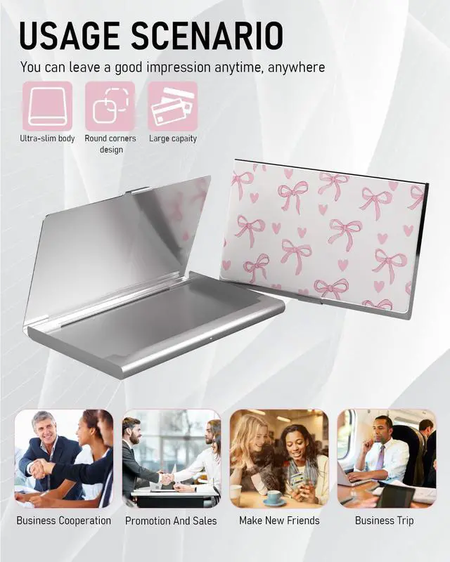 Alt view image 6 of 6 - Business Card Metal Slim Organizer, Professional Stainless Steel Square Pocket Wallet for Office Workers, Compact and Portable for Pockets (Pink Bow)