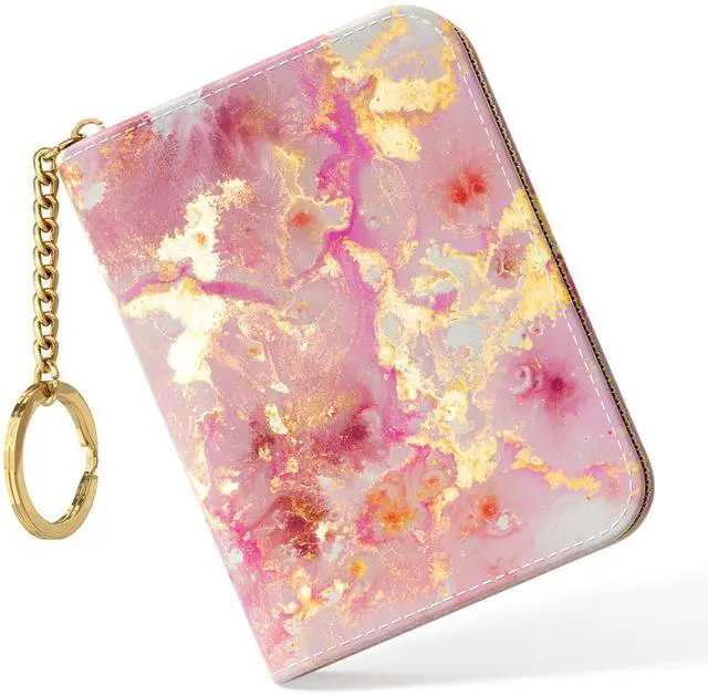 Main image of Credit Card Holder, Small RFID Card Wallet for Women, Slim Leather Card Holder Wallet, Credit Card Wallet Organizer, Pocket Business Card Case with Zipper & Keychain, Gold Pink Marble
