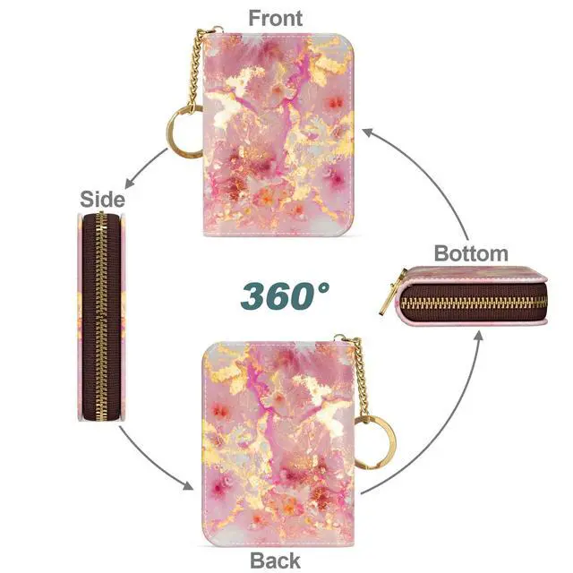 Alt view image 2 of 7 - Credit Card Holder, Small RFID Card Wallet for Women, Slim Leather Card Holder Wallet, Credit Card Wallet Organizer, Pocket Business Card Case with Zipper & Keychain, Gold Pink Marble