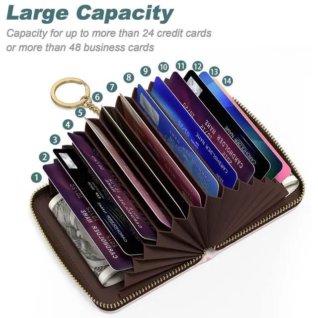 Alt view image 3 of 7 - Credit Card Holder, Small RFID Card Wallet for Women, Slim Leather Card Holder Wallet, Credit Card Wallet Organizer, Pocket Business Card Case with Zipper & Keychain, Gold Pink Marble