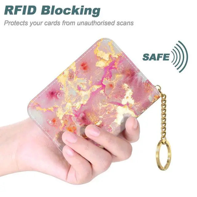 Alt view image 4 of 7 - Credit Card Holder, Small RFID Card Wallet for Women, Slim Leather Card Holder Wallet, Credit Card Wallet Organizer, Pocket Business Card Case with Zipper & Keychain, Gold Pink Marble