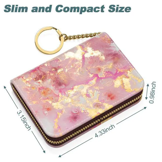 Alt view image 5 of 7 - Credit Card Holder, Small RFID Card Wallet for Women, Slim Leather Card Holder Wallet, Credit Card Wallet Organizer, Pocket Business Card Case with Zipper & Keychain, Gold Pink Marble