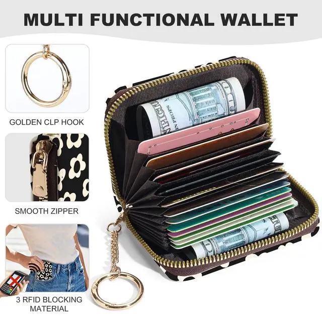 Alt view image 2 of 6 - Credit Card Holder for Women,Small Rfid Wallet with Keychain Zipper,Cute PU Leather Card Case WalletAccordion Credit Card Wallets Gift,Beige Flower