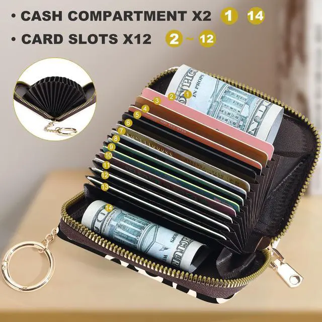 Alt view image 3 of 6 - Credit Card Holder for Women,Small Rfid Wallet with Keychain Zipper,Cute PU Leather Card Case WalletAccordion Credit Card Wallets Gift,Beige Flower
