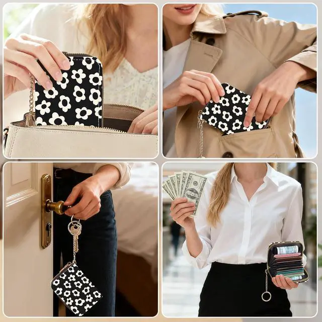 Alt view image 5 of 6 - Credit Card Holder for Women,Small Rfid Wallet with Keychain Zipper,Cute PU Leather Card Case WalletAccordion Credit Card Wallets Gift,Beige Flower