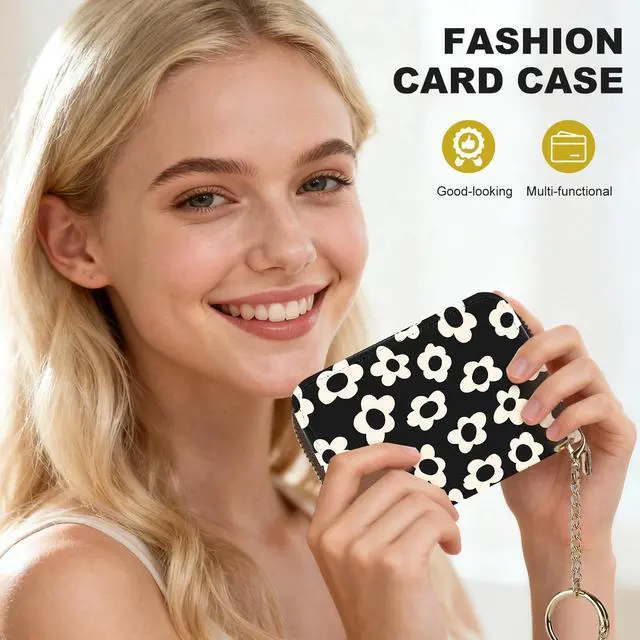 Alt view image 6 of 6 - Credit Card Holder for Women,Small Rfid Wallet with Keychain Zipper,Cute PU Leather Card Case WalletAccordion Credit Card Wallets Gift,Beige Flower