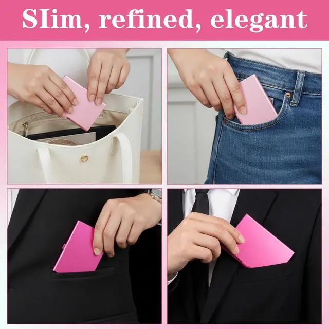 Alt view image 4 of 7 - 2Pcs Aluminum Business Card Holder Case Slim Metal Wallet, Flip Cover Portable Pocket Purse Accessory for Women, Pink Rose Red