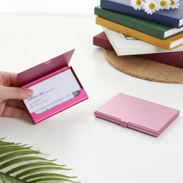 Alt view image 7 of 7 - 2Pcs Aluminum Business Card Holder Case Slim Metal Wallet, Flip Cover Portable Pocket Purse Accessory for Women, Pink Rose Red