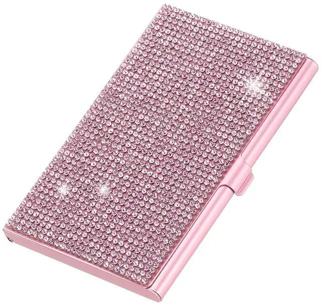 Main image of Small Business Card Holder, Alloy Name Card Holder Bling Pocket Card Holders Organizer Cards Display for Women Office Exhibition, Pink
