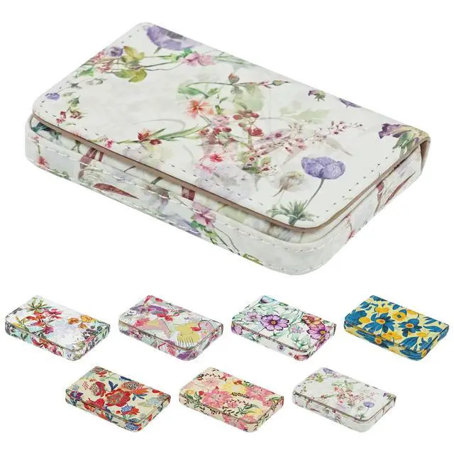 Main image of Business Card HolderPU Leather Business Card Case Color Printing Pattern Card Holder WalletPockets Magnetic Credit Card Holders for Men and Women - White Flowers