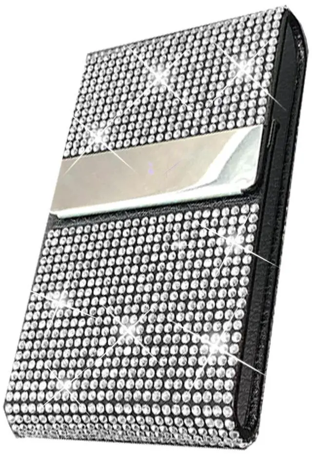 Main image of Bling Business Card Holder, PU Leather Case with Crystal Diamonds Rhinestones, Metal Pocket with Magnetic Closure