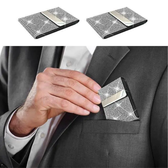 Alt view image 2 of 6 - Bling Business Card Holder, PU Leather Case with Crystal Diamonds Rhinestones, Metal Pocket with Magnetic Closure