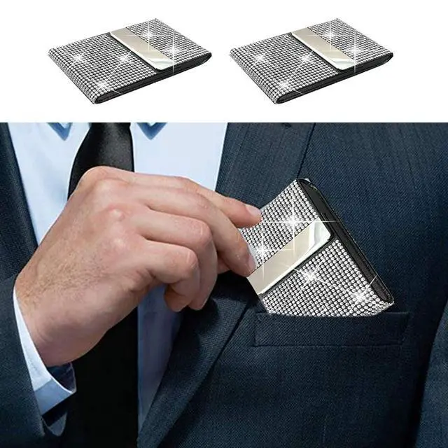 Alt view image 3 of 6 - Bling Business Card Holder, PU Leather Case with Crystal Diamonds Rhinestones, Metal Pocket with Magnetic Closure