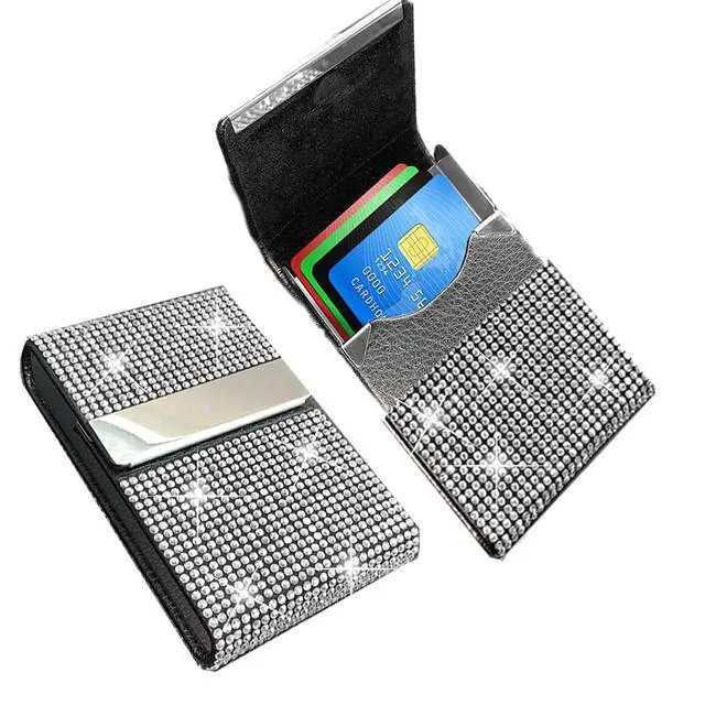 Alt view image 5 of 6 - Bling Business Card Holder, PU Leather Case with Crystal Diamonds Rhinestones, Metal Pocket with Magnetic Closure