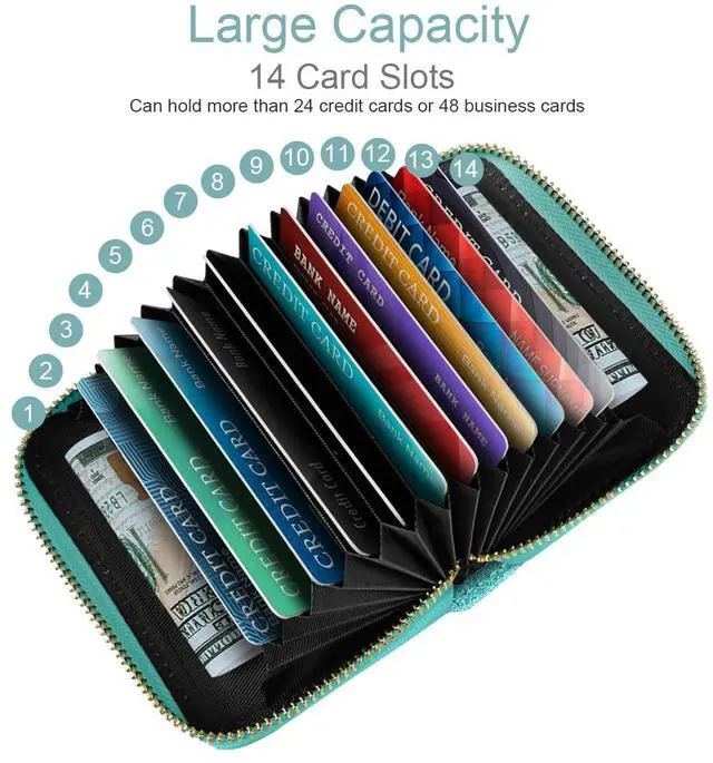 Alt view image 2 of 7 - 14 Credit Card Slots RFID Card Holder Wallet Glitter Leather Small Cute Card Organizer Case with Coin Pocket & Keychain, Glitter Blue Green