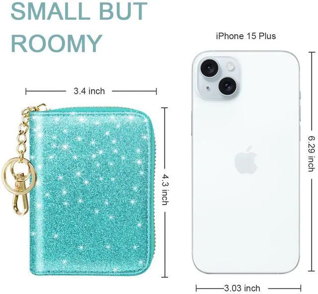 Alt view image 3 of 7 - 14 Credit Card Slots RFID Card Holder Wallet Glitter Leather Small Cute Card Organizer Case with Coin Pocket & Keychain, Glitter Blue Green