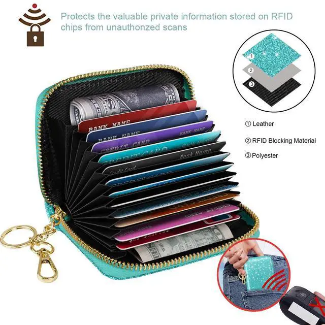 Alt view image 4 of 7 - 14 Credit Card Slots RFID Card Holder Wallet Glitter Leather Small Cute Card Organizer Case with Coin Pocket & Keychain, Glitter Blue Green