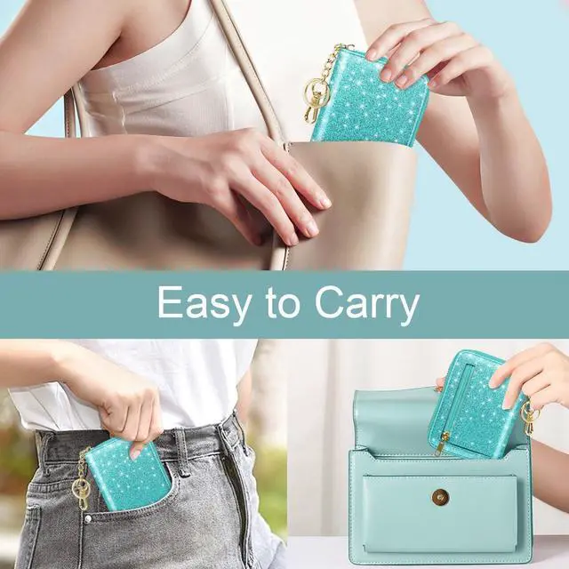 Alt view image 6 of 7 - 14 Credit Card Slots RFID Card Holder Wallet Glitter Leather Small Cute Card Organizer Case with Coin Pocket & Keychain, Glitter Blue Green