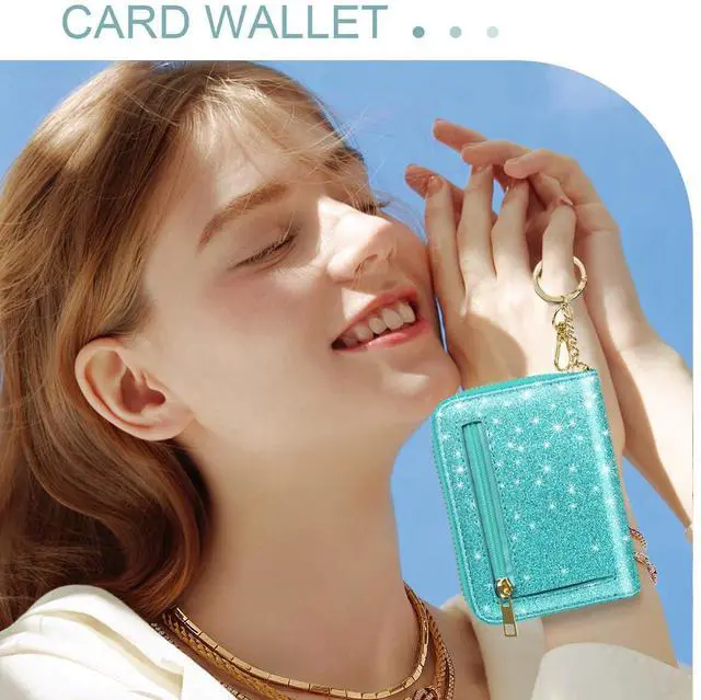 Alt view image 7 of 7 - 14 Credit Card Slots RFID Card Holder Wallet Glitter Leather Small Cute Card Organizer Case with Coin Pocket & Keychain, Glitter Blue Green