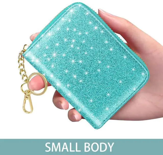 Alt view image 5 of 7 - 14 Credit Card Slots RFID Card Holder Wallet Glitter Leather Small Cute Card Organizer Case with Coin Pocket & Keychain, Glitter Blue Green