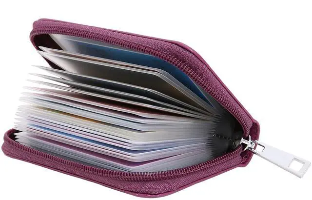 Main image of Genuine Leather Credit Card Holder Zipper Wallet With 26 Card Slots (Purple)