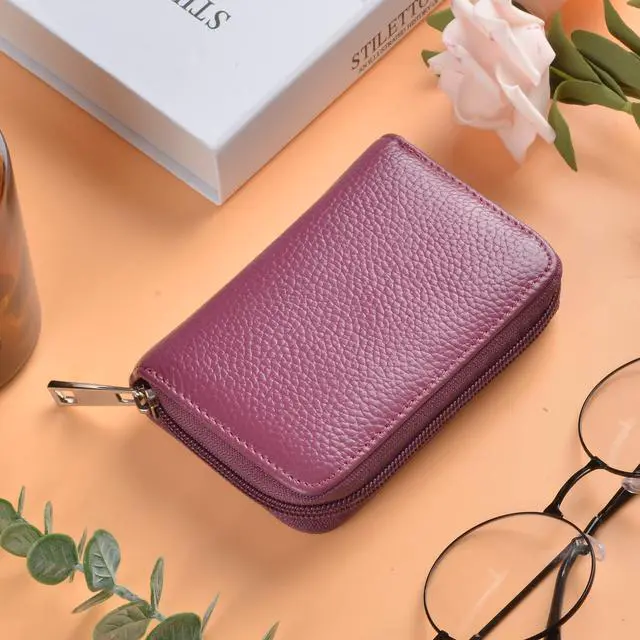 Alt view image 2 of 7 - Genuine Leather Credit Card Holder Zipper Wallet With 26 Card Slots (Purple)