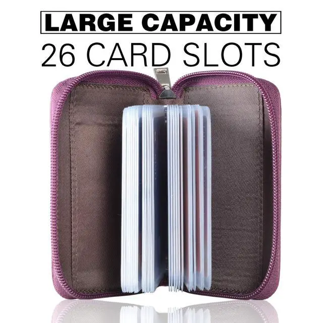 Alt view image 3 of 7 - Genuine Leather Credit Card Holder Zipper Wallet With 26 Card Slots (Purple)