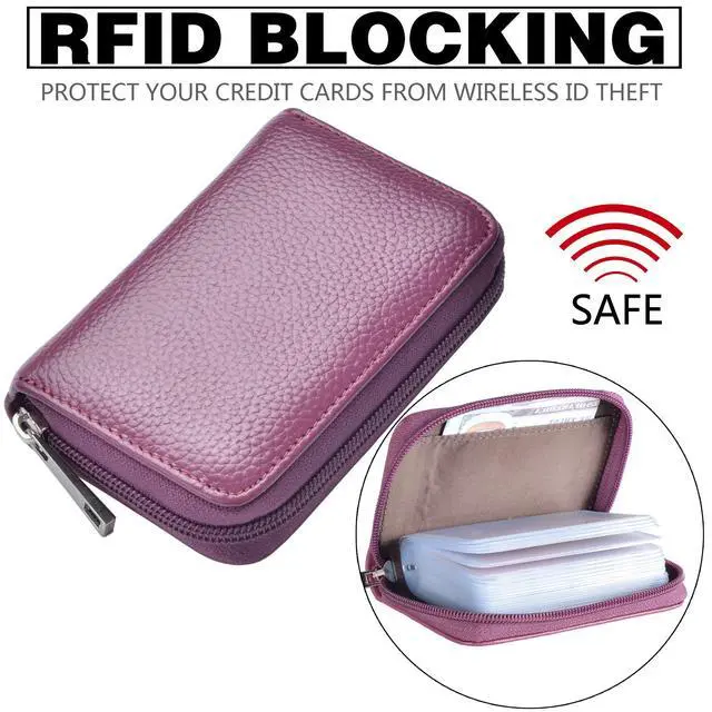 Alt view image 5 of 7 - Genuine Leather Credit Card Holder Zipper Wallet With 26 Card Slots (Purple)