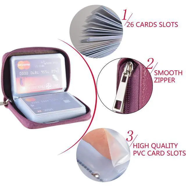 Alt view image 7 of 7 - Genuine Leather Credit Card Holder Zipper Wallet With 26 Card Slots (Purple)