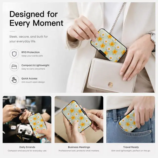 Alt view image 6 of 6 - Credit Card Holder for Women Men Mini Aluminum Card Case Wallet Slim Design RFID Blocking Metal Business ID Case Yellow Flowers