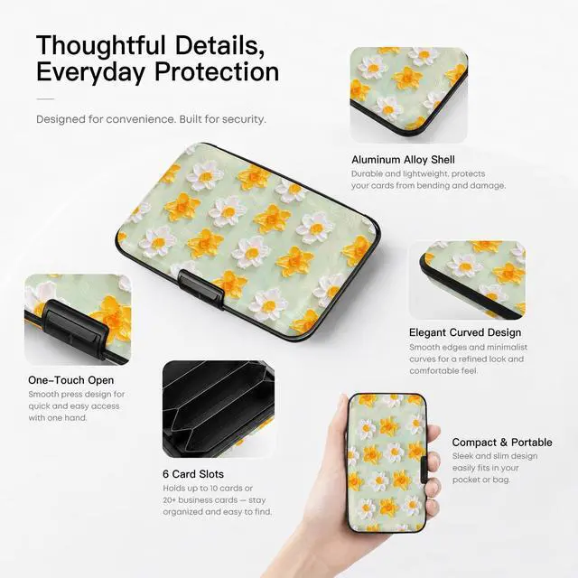 Alt view image 5 of 6 - Credit Card Holder for Women Men Mini Aluminum Card Case Wallet Slim Design RFID Blocking Metal Business ID Case Yellow Flowers