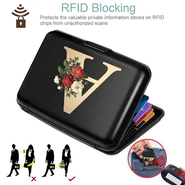 Alt view image 3 of 7 - Credit Card Holder Personalized Initial Letter A Small Aluminum Wallet Rose Flower Card Case RFID Blocking Wallets for Women and Girls,A