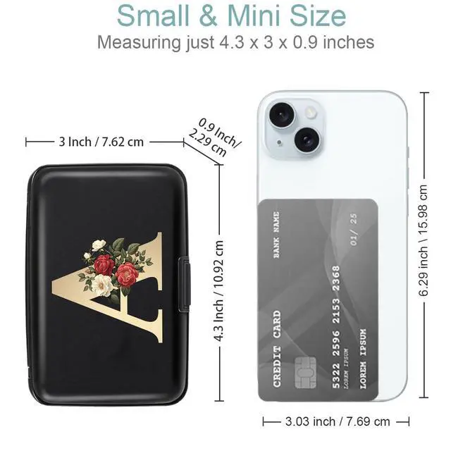 Alt view image 7 of 7 - Credit Card Holder Personalized Initial Letter A Small Aluminum Wallet Rose Flower Card Case RFID Blocking Wallets for Women and Girls,A