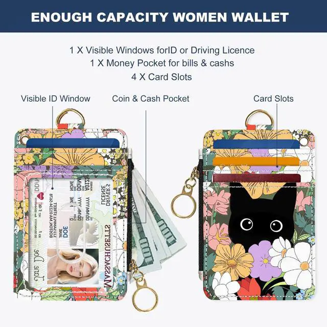 Alt view image 3 of 6 - Slim Wallet Credit Card Holder, Flower Bushes And Cats, RFID Wallet Women Cute Small Front Pocket Wallet With Zipper, PU Leather Thin travel RFID Blocking Card Case ID Window ,Ladies Gifts