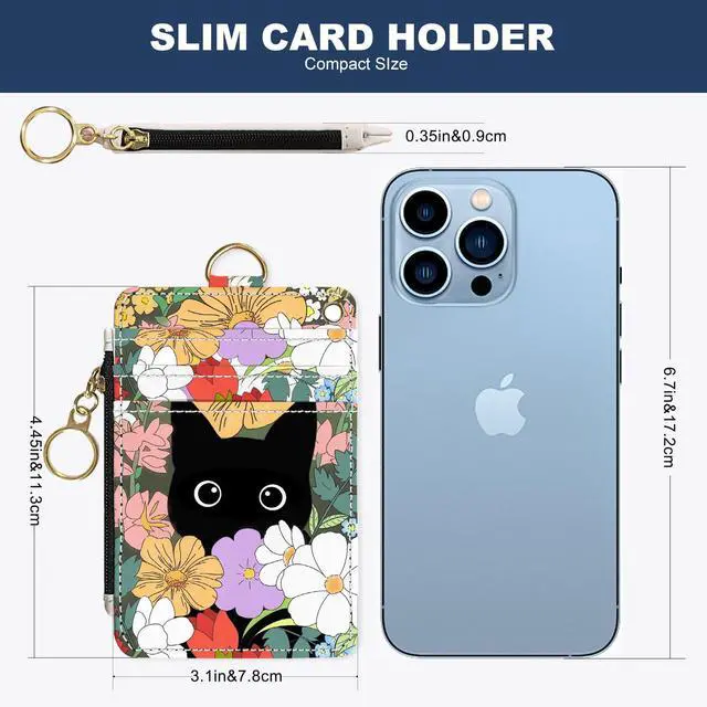 Alt view image 2 of 6 - Slim Wallet Credit Card Holder, Flower Bushes And Cats, RFID Wallet Women Cute Small Front Pocket Wallet With Zipper, PU Leather Thin travel RFID Blocking Card Case ID Window ,Ladies Gifts