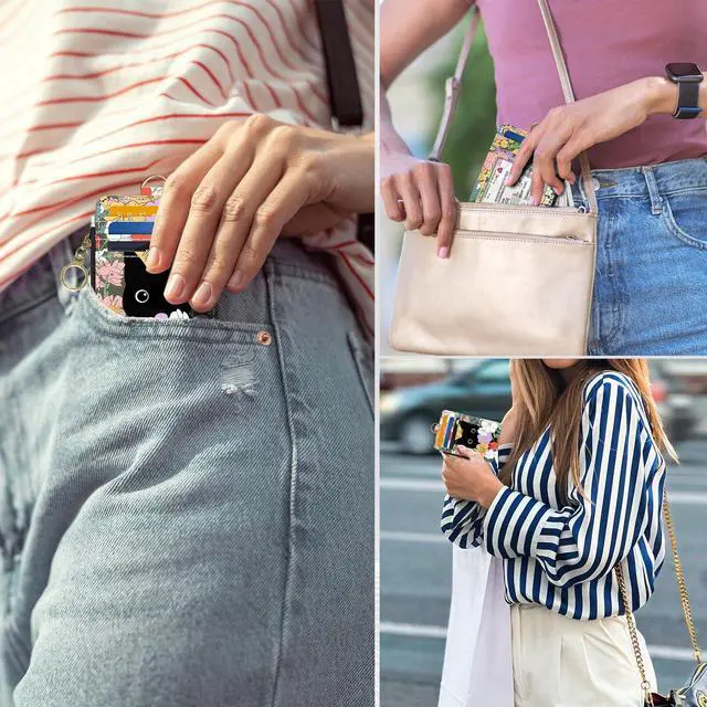 Alt view image 5 of 6 - Slim Wallet Credit Card Holder, Flower Bushes And Cats, RFID Wallet Women Cute Small Front Pocket Wallet With Zipper, PU Leather Thin travel RFID Blocking Card Case ID Window ,Ladies Gifts