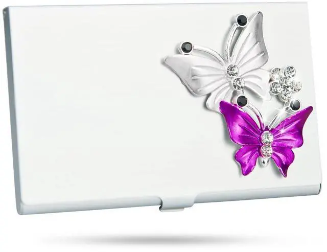 Main image of Small Business Card Holder for Women with Bling Butterfly Rhinestones, 10-20 Pocket Cards Holders, Alloy Business Card Case, Slim Business Card Organizer (Silvery)