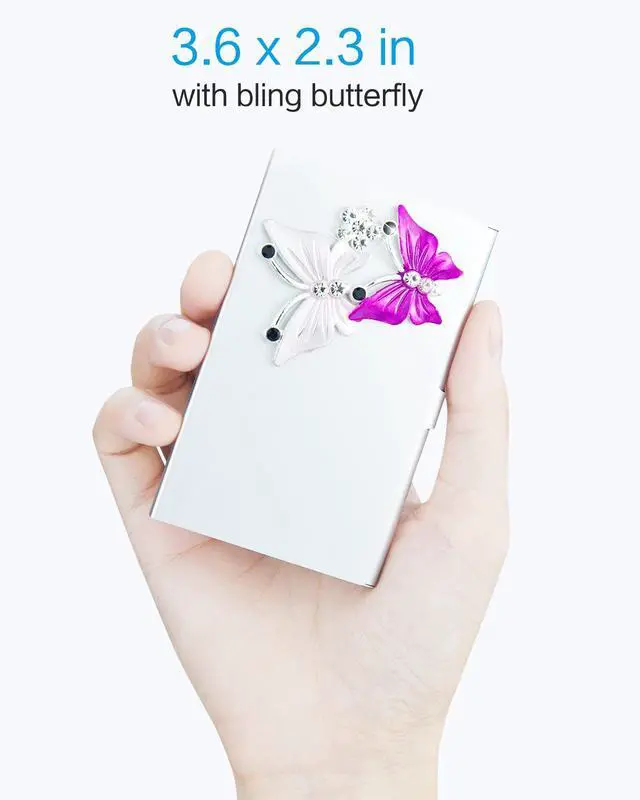 Alt view image 2 of 7 - Small Business Card Holder for Women with Bling Butterfly Rhinestones, 10-20 Pocket Cards Holders, Alloy Business Card Case, Slim Business Card Organizer (Silvery)