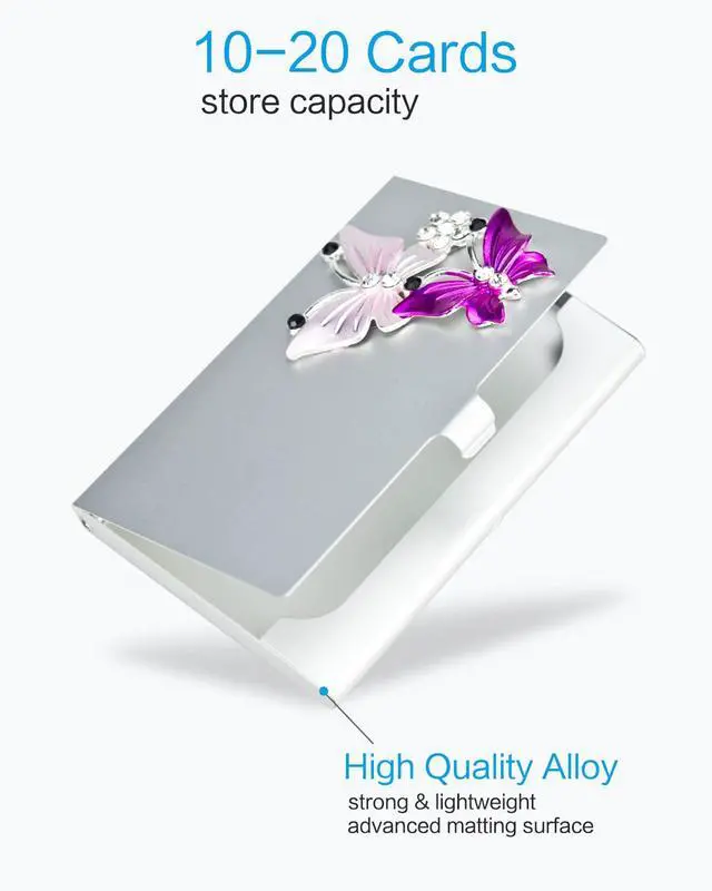 Alt view image 3 of 7 - Small Business Card Holder for Women with Bling Butterfly Rhinestones, 10-20 Pocket Cards Holders, Alloy Business Card Case, Slim Business Card Organizer (Silvery)