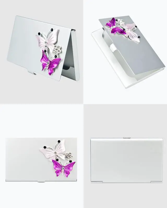 Alt view image 5 of 7 - Small Business Card Holder for Women with Bling Butterfly Rhinestones, 10-20 Pocket Cards Holders, Alloy Business Card Case, Slim Business Card Organizer (Silvery)