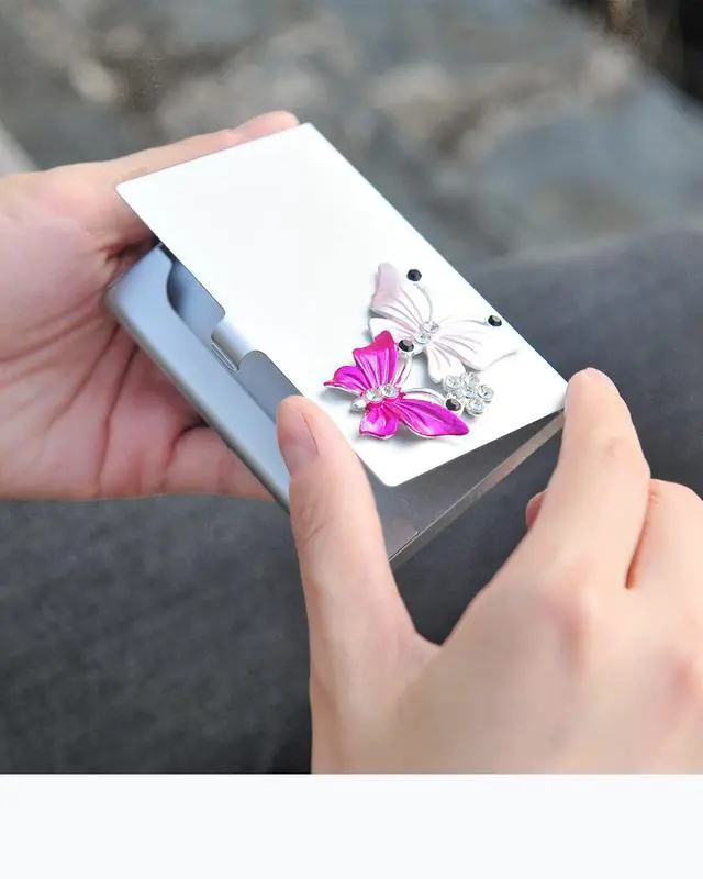 Alt view image 7 of 7 - Small Business Card Holder for Women with Bling Butterfly Rhinestones, 10-20 Pocket Cards Holders, Alloy Business Card Case, Slim Business Card Organizer (Silvery)