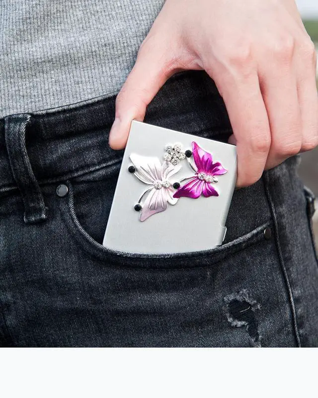 Alt view image 6 of 7 - Small Business Card Holder for Women with Bling Butterfly Rhinestones, 10-20 Pocket Cards Holders, Alloy Business Card Case, Slim Business Card Organizer (Silvery)