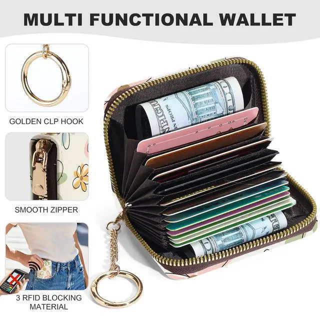 Alt view image 3 of 6 - Credit Card Holder for Women,Small Rfid Wallet with Keychain Zipper,Cute PU Leather Card Case WalletAccordion Credit Card Wallets Gift,Colorful Line Flowers