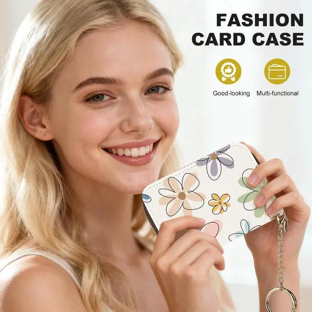 Alt view image 6 of 6 - Credit Card Holder for Women,Small Rfid Wallet with Keychain Zipper,Cute PU Leather Card Case WalletAccordion Credit Card Wallets Gift,Colorful Line Flowers