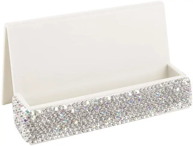 Main image of Business Card Holder with Sparkle Rhinestone Chic Crystal Desktop Card Display Stand and Organizer for Office and Home, White