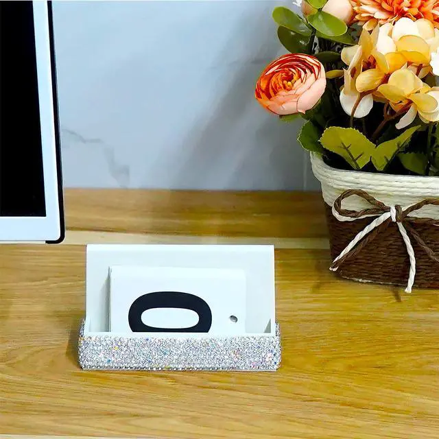 Alt view image 5 of 5 - Business Card Holder with Sparkle Rhinestone Chic Crystal Desktop Card Display Stand and Organizer for Office and Home, White