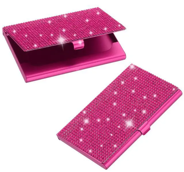 Main image of Bling Alloy Business Card Holder, 2Pcs Rhinestone Name Credit Card Organizer Bling Pocket Display for Women Office Exhibition, Rose Red